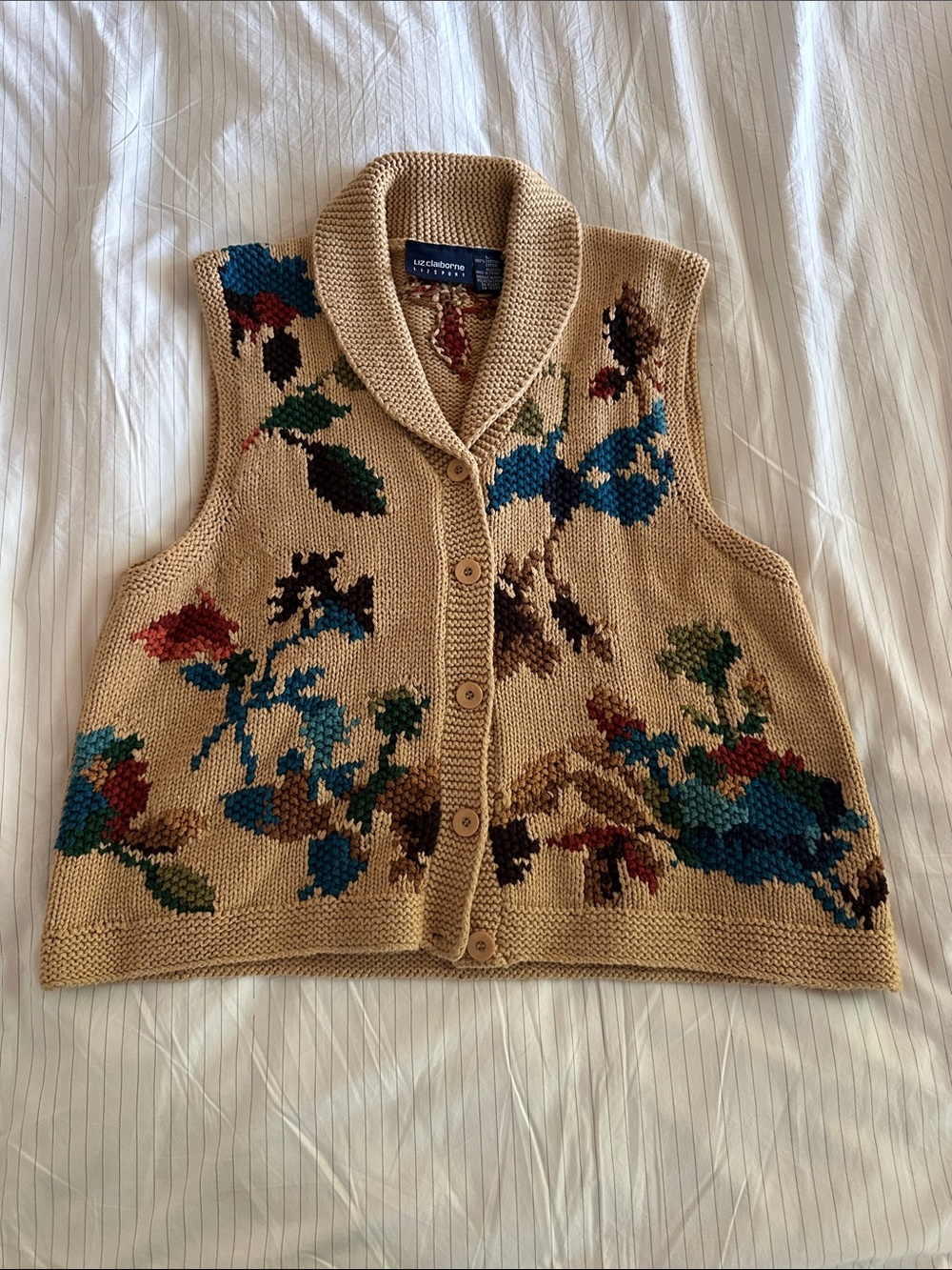 VTG Liz Claiborne - Camel Floral Knit Button-Up Vest - L